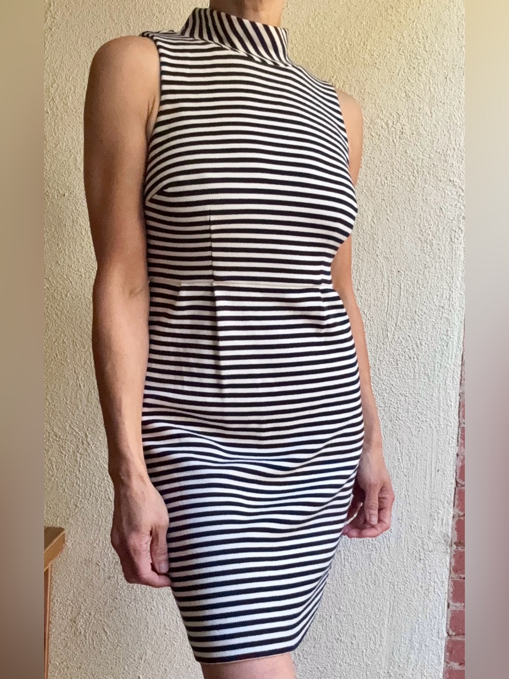 Boden Black and White Striped Mock Neck Sheath Dress, Size 6